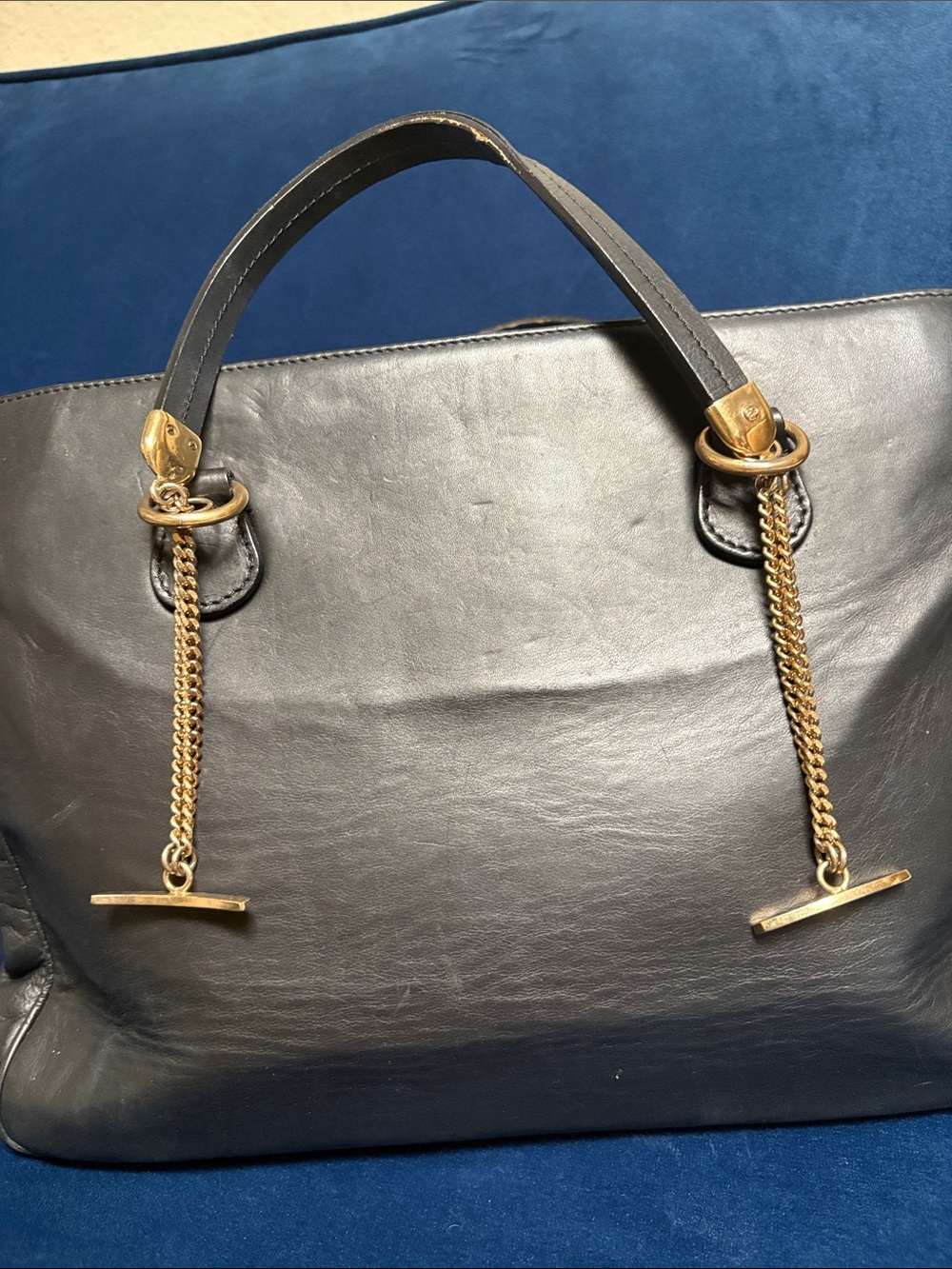 Escada Black Leather Tote with Gold Chain Tassels Ventage